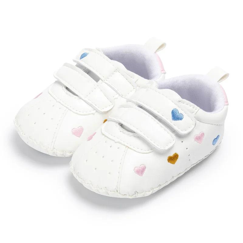 Baby Girl Shoes White Love Decorate PU Hook & Loop Anti-Slip Rubber Sole First Walker Infant Crib Shoes Newborn Mocc